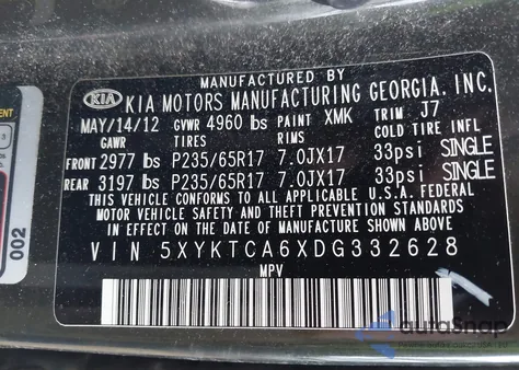 2013 Kia Sorento Lx z USA, uszkodzony, nr VIN 5XYKTCA6XDG332628